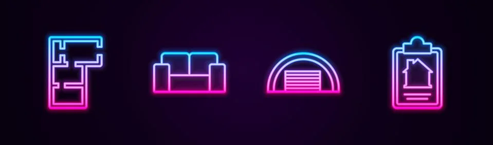 Set line House plan, Sofa, Garage and contract. Glowing neon icon. Vector Ilustración de archivo