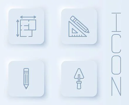 Set line House plan, Triangular ruler and pencil, Pencil with eraser and Trowel Stock Illustration