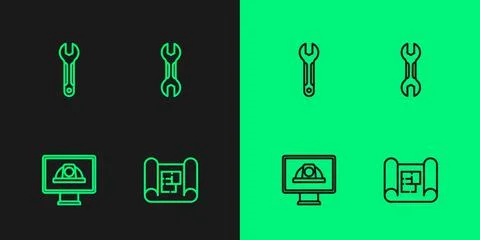 Set line House plan, Worker safety helmet, Wrench spanner and  icon. Vector Stock Illustration