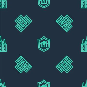 Set line House with shield, and Skyscraper on seamless pattern. Vector Stock Illustration