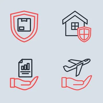 Set line House with shield, Contract in hand, Plane and Delivery security i.. Stock Illustration
