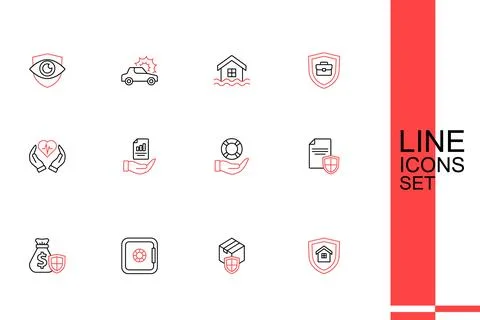 Set line House with shield, Delivery security, Safe, Money bag, Contract, L.. Stock Illustration