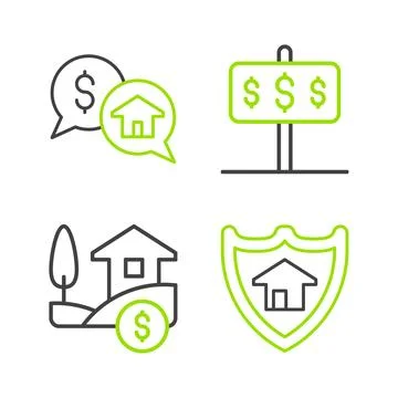 Set line House with shield, dollar,  and Price negotiation icon. Vector Ilustración de archivo