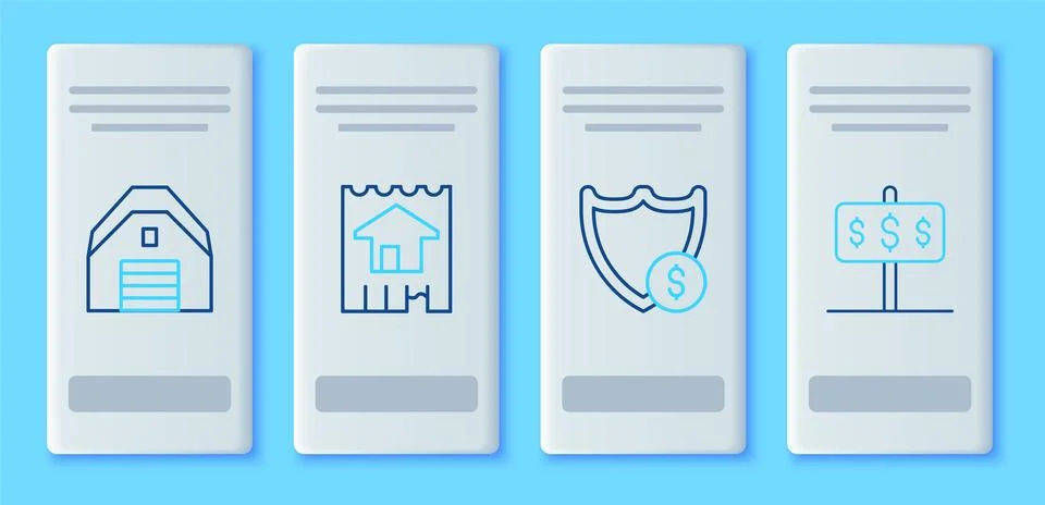 Set line House, Shield with dollar, Garage and  icon. Vector Stock Illustration
