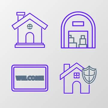 Set line House with shield, Doormat the text Welcome, Warehouse and icon. Vector Ilustración de archivo