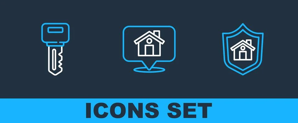 Set line House with shield, key and Location house icon. Vector Stock Illustration
