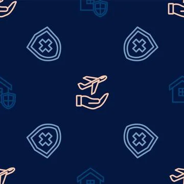 Set line House with shield, Life insurance and Plane hand on seamless pattern Stock Illustration