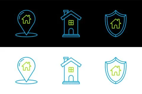 Set line House with shield, Map pointer house and Home symbol icon. Vector Stock Illustration