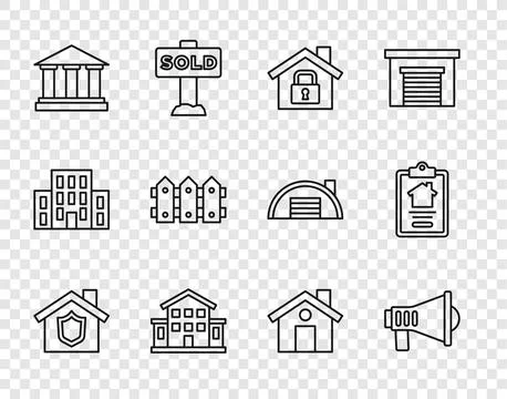 Set line House with shield, Megaphone, under protection, Museum building, G.. Stock Illustration