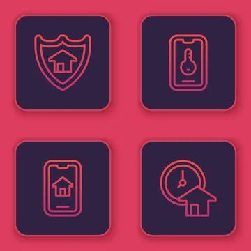 Set line House with shield, Online real estate, and Time is money. Blue square Illustrazione stock