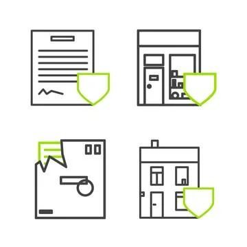 Set line House with shield, Ordered envelope, Shopping building and Contrac.. Ilustración de archivo