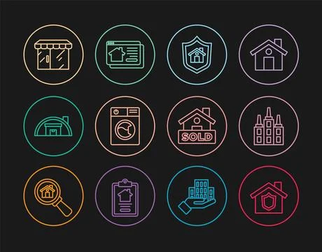 Set line House with shield, Skyscraper, Washer, Warehouse, Market store, Ha.. Иллюстрация
