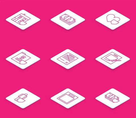 Set line House with shield, Stacks paper money cash, Heart, Document, Delete Illustrazione stock