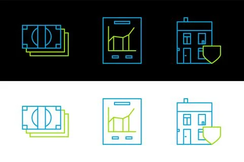Set line House with shield, Stacks paper money cash and Document graph char.. Stock Illustration