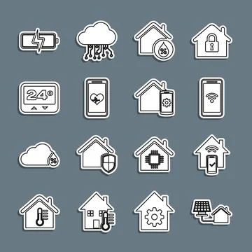 Set line House with solar panel, Smart home remote control system, Mobile wi-fi Stock Illustration