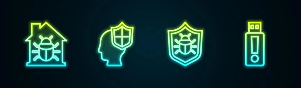 Set line House system bug, Head with shield, System and USB flash drive. Glowing Stock Illustration