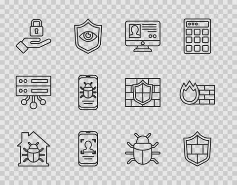 Set line House system bug, Shield with brick wall, Create account screen, Mobile Illustrazione stock