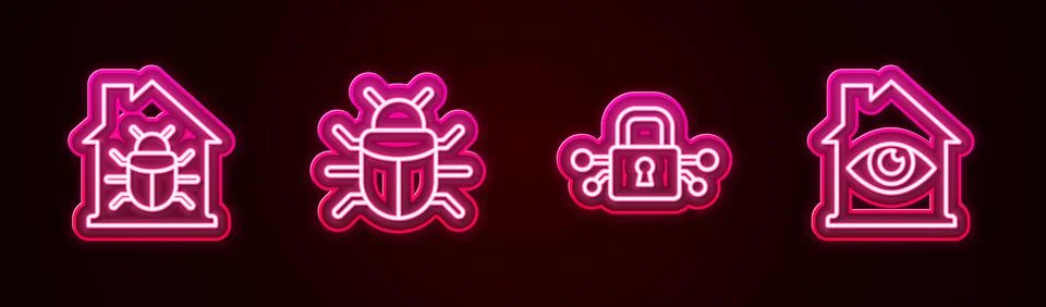 Set line House system bug, System, Cyber security and with eye scan. Glowing 스톡 일러스트