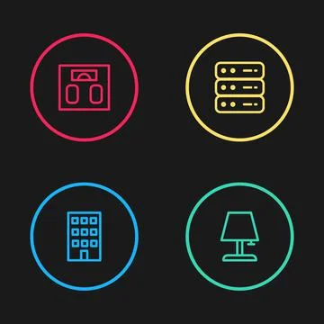 Set line House, Table lamp, Server, Data, Web Hosting and Bathroom scales icon Stock Illustration