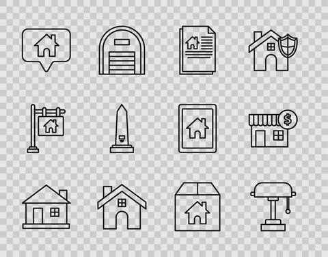 Set line House, Table lamp, contract, Map pointer with house, Washington Stock Illustration