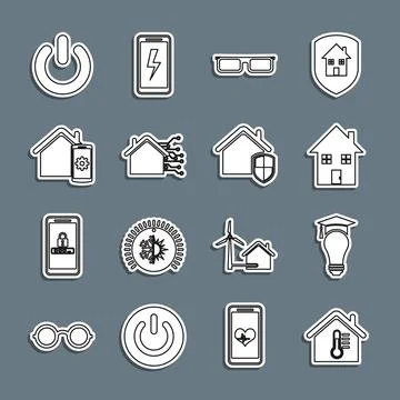 Set line House temperature, Light bulb and graduation cap, Glasses, Smart h.. Illustrazione stock