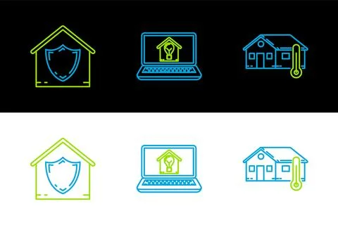 Set line House temperature, under protection and Laptop with smart house an.. Stock Illustration