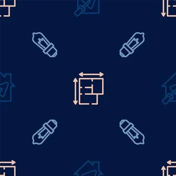 Set line House with trowel, Light bulb and plan on seamless pattern. Vector Illustrazione stock