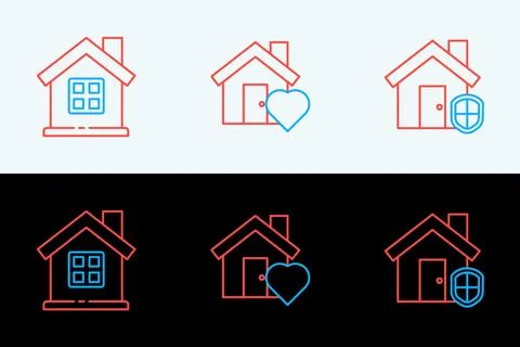 Set line House under protection,  and with heart shape icon. Vector Stock Illustration