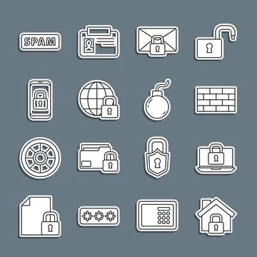 Set line House under protection, Laptop and lock, Firewall, security wall, .. Stock Illustration