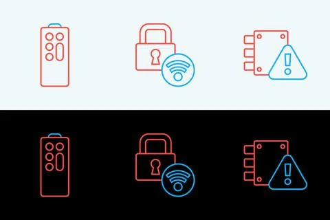 Set line House under protection, Remote control and Digital door lock icon... Illustrazione stock