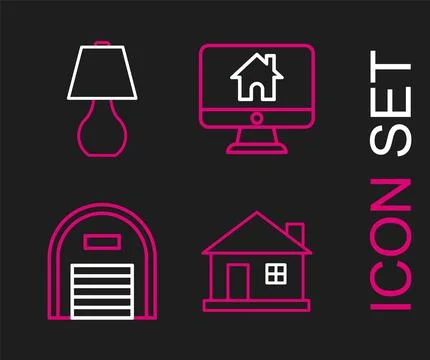 Set line House, Warehouse, Computer monitor with smart home and Table lamp icon Stock Illustration