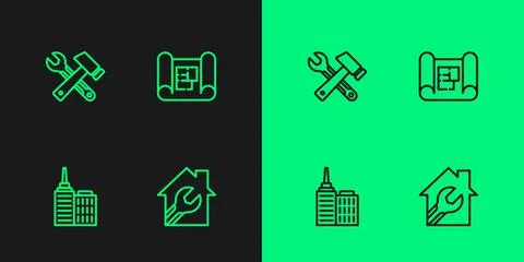 Set line House with wrench spanner, City landscape, Hammer and plan icon. Vector Stock Illustration
