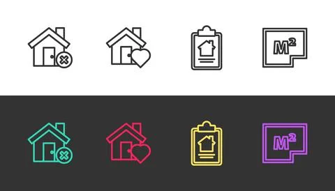 Set line House with wrong mark, heart shape, contract and plan on black and 스톡 일러스트