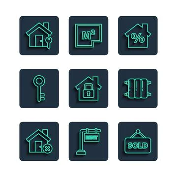 Set line House with wrong mark, Hanging sign Rent, text Sold, percant discount Stock Illustration