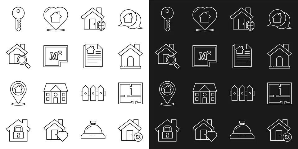 Set line House with wrong mark, plan, under protection, Search house, key and Stock Illustration