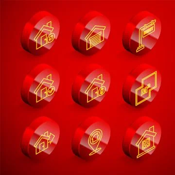Set line House with wrong mark, Garage, Hanging sign Rent, check, dollar sy.. Illustrazione stock