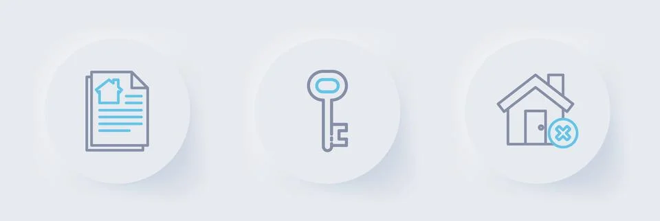 Set line House with wrong mark, key and contract icon. Vector Stockillustratie