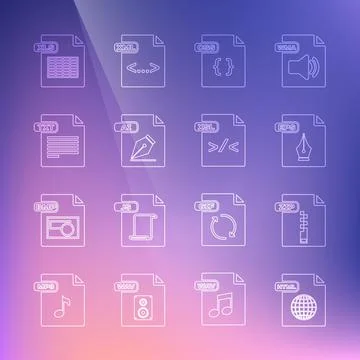 Set line HTML file document, ZIP, EPS, CSS, AI, TXT, XLS and XSL icon. Vector Stock Illustration