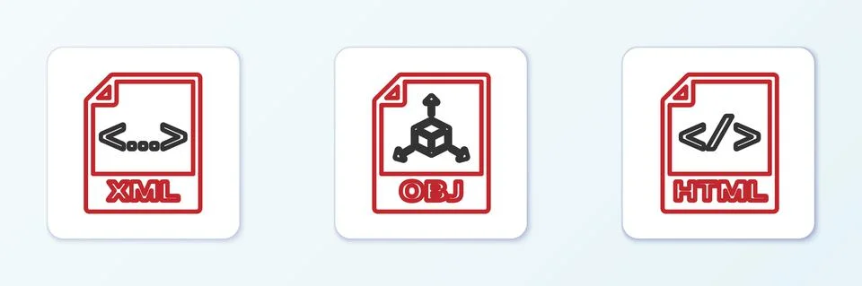 Set line HTML file document, XML and OBJ icon. Vector Stock Illustration