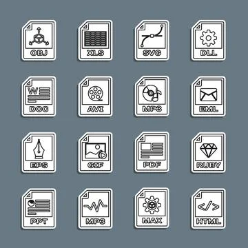 Set line HTML file document, RUBY, EML, SVG, AVI, DOC, OBJ and MP3 icon. Vector Illustrazione stock