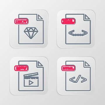 Set line HTML file document, MOV, XML and RUBY icon. Vector Stock Illustration