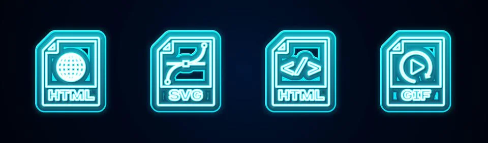 Set line HTML file document, SVG, and GIF. Glowing neon icon. Vector Stockillustratie