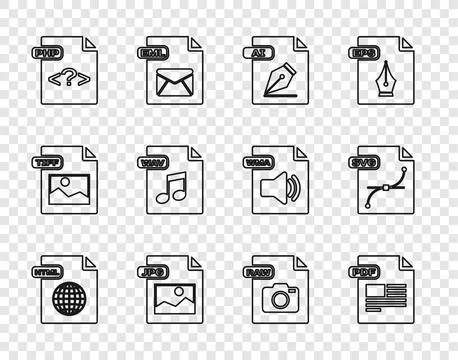 Set line HTML file document, PDF, AI, JPG, PHP, WAV, RAW and SVG icon. Vector イラスト素材
