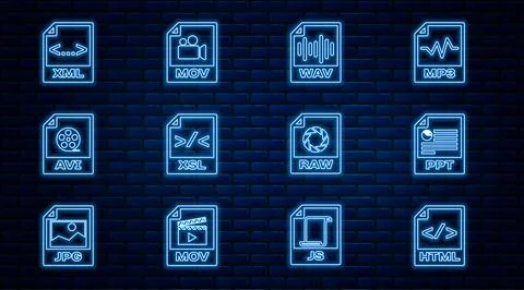 Set line HTML file document, PPT, WAV, XSL, AVI, XML, RAW and MOV icon. Vector 库存插图