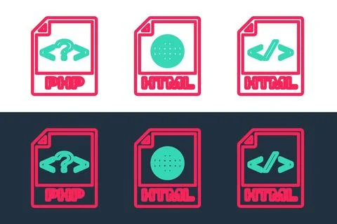 Set line HTML file document, PHP and icon. Vector Illustration