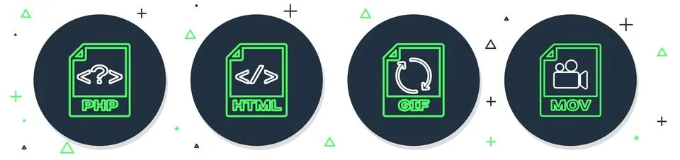 Set line HTML file document, GIF, PHP and MOV icon. Vector Illustration