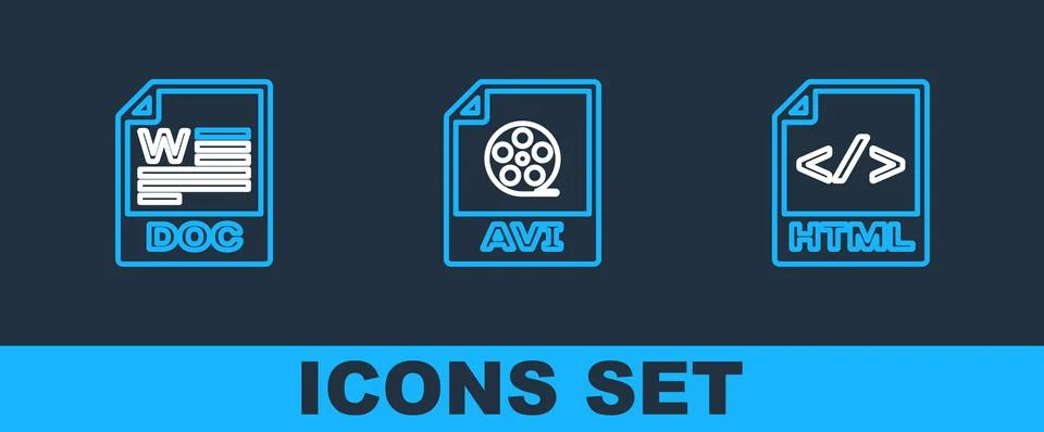 Set line HTML file document, DOC and AVI icon. Vector 库存插图