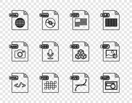 Set line HTML file document, BMP, PDF, PNG, OGG, SVG and GIF icon. Vector 库存插图