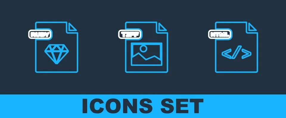 Set line HTML file document, RUBY and TIFF icon. Vector Stockillustratie