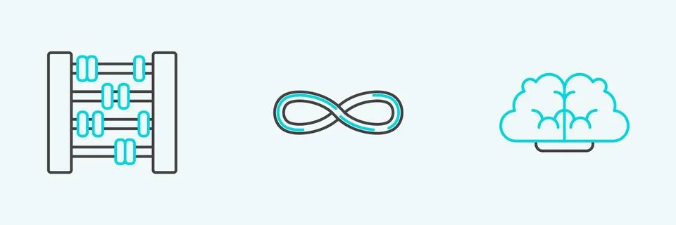 Set line Human brain, Abacus and Infinity icon. Vector Stock Illustration
